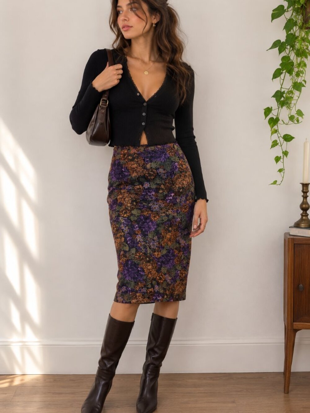 90s Dark Floral Tapestry Midi Pencil Skirt Purple Brocade Petite 10P